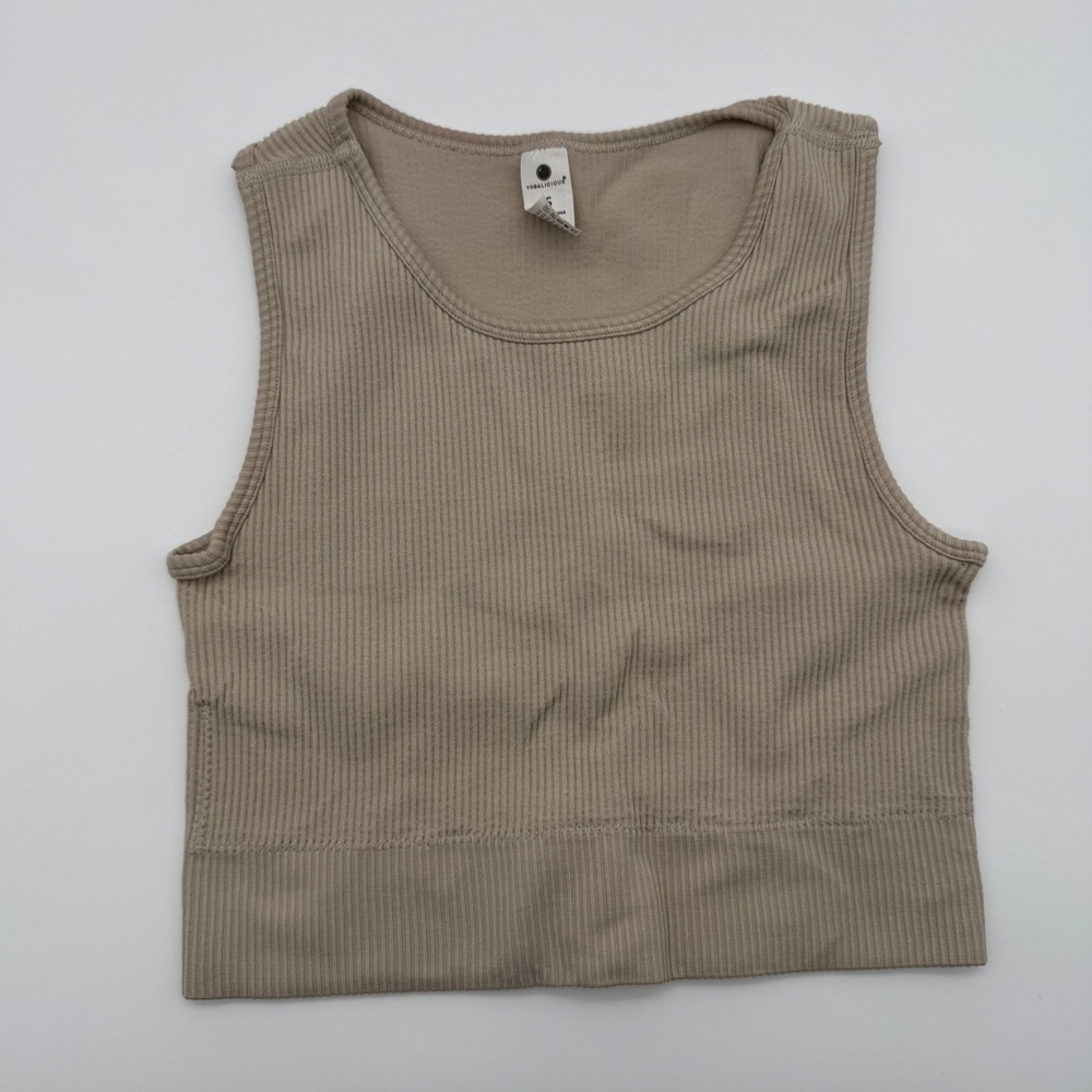 Yogalicious Womens Ribbed Seamless Crop Tank Top Taupe Tan Size Small Activewear